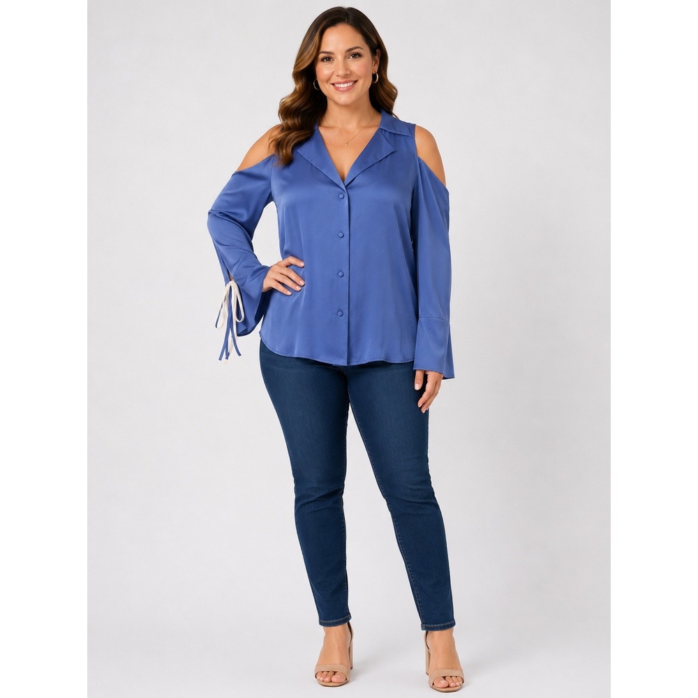 Carlisle Silk Cold Shoulder Blouse Sz 12 Blue Satin Top Elegant Office Luxury